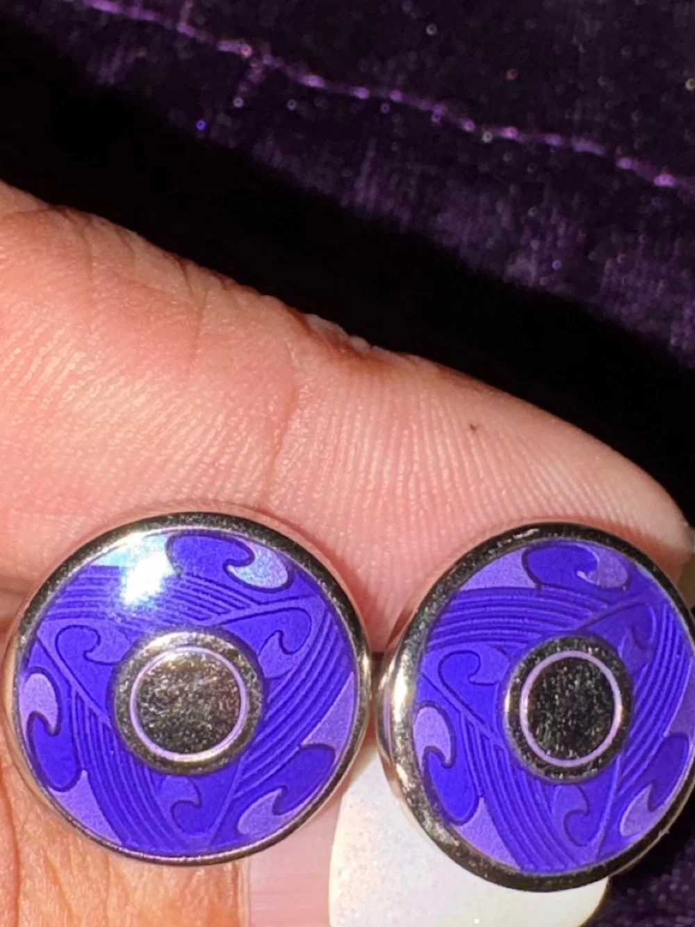 Vintage Silver-Toned Metal Base Two-Tone Purple Handcrafted Enamel Cufflinks